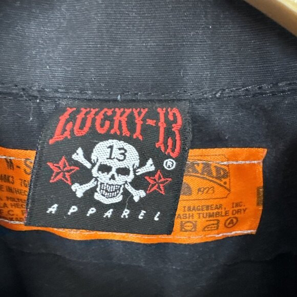 Lucky 13 Men M Short Sleeve Black Button Shirt Faith Doubt Red Kap - Picture 2 of 4